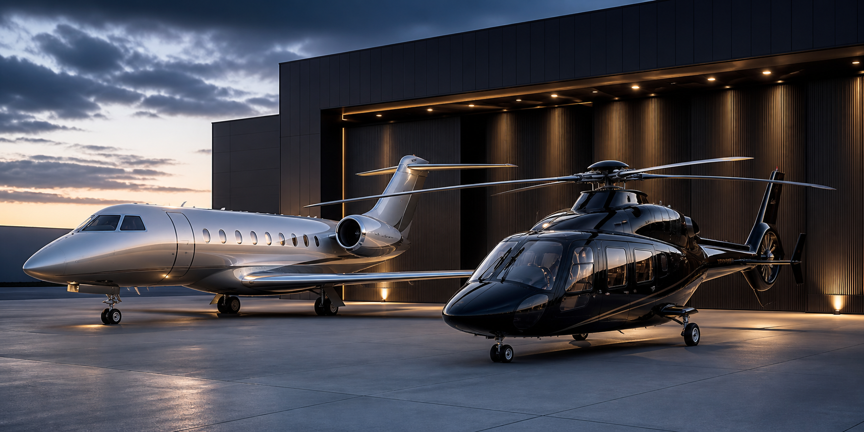 Jet privado y helicóptero ejecutivo en un hangar para gestión de aeronaves