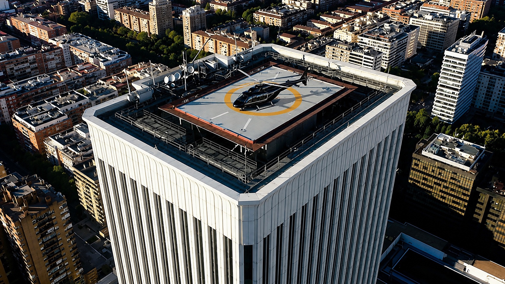Helicóptero ejecutivo sobre un edificio corporativo en Madrid
