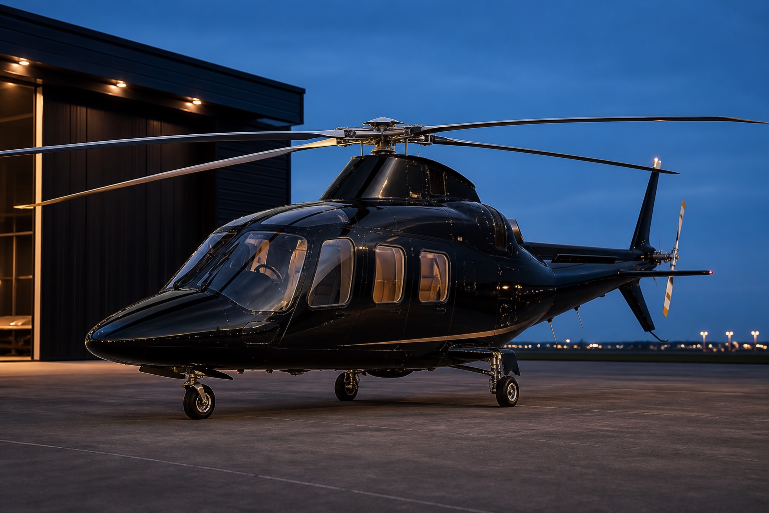 Helicóptero privado A109 bimotor preparado para un vuelo chárter en España